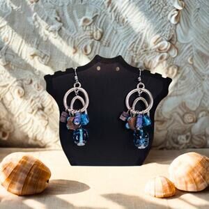 Blue Beads and Wood BOHO Statement Dangle Earrings / Pierced
